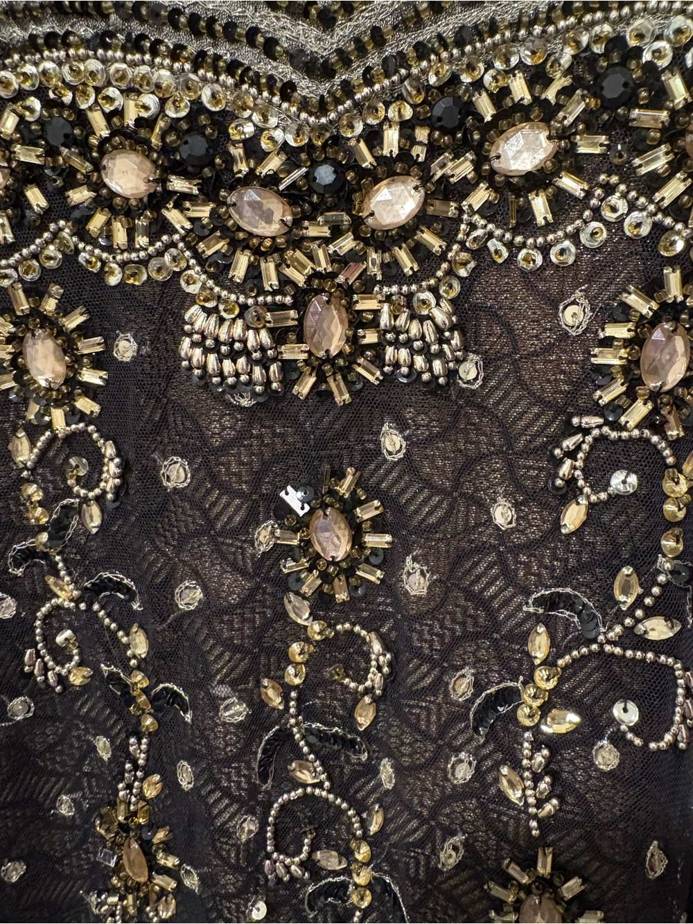 Embellished Black Lace Evening Dress with Gold Beading